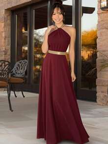 Luxury Bridesmaid Dress With Straps And Sash Shiny Rhinestones And Wide Skirt For Wedding Party - Màu Đỏ Sâu - Xem 1