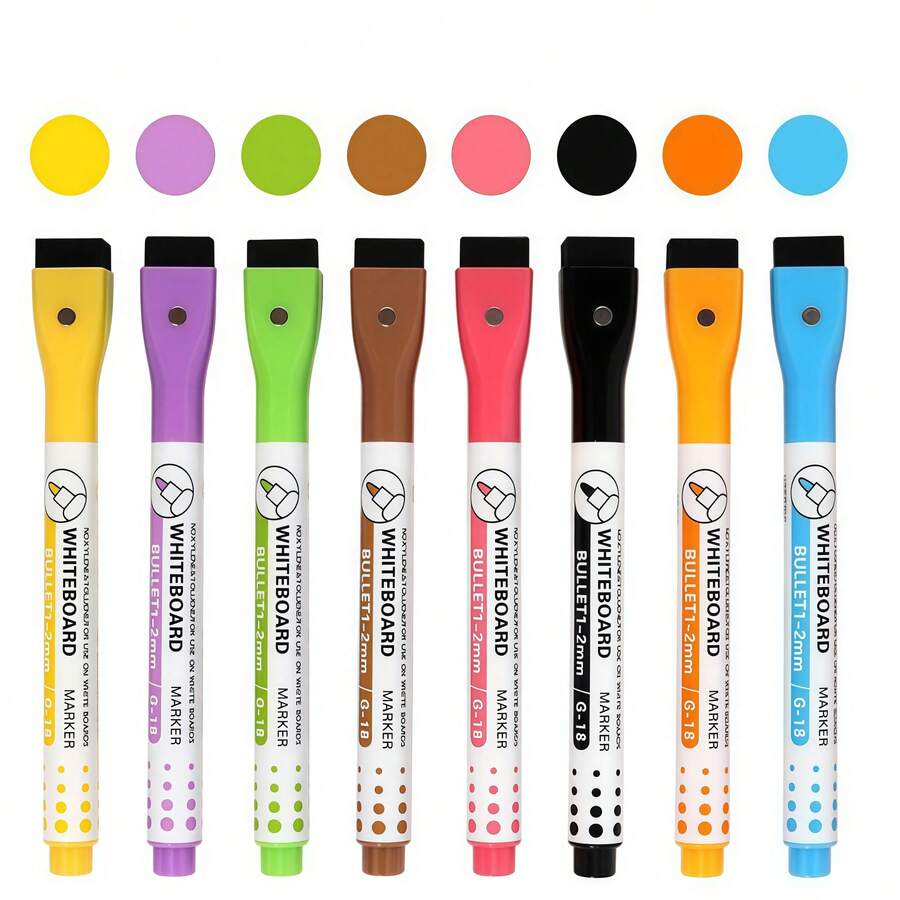 8 pezzi/2 pezzi Set di pennarelli per lavagna bianca, pennarelli magnetici cancellabili a secco, penne colorate a punta fine per disegno - Multicolore - Visualizzare 1