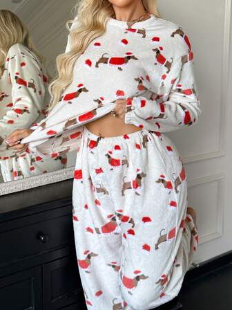 2pcs Women Sleepwear Set, Casual Outfit, Women Winter Clothing, Thickened Warm Coral Fleece Fabric, Cute Cartoon Print