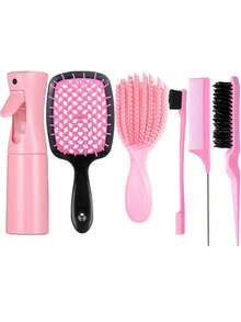 6件套女童时尚干湿两用贝壳梳组合套装，网状美发梳套装，护发刷组合套装，含200毫升连续喷雾瓶（6.8盎司/200毫升）和侧梳/摩丝尾梳造型刷套装，适用于顺滑发质、造型、清洁、美发沙龙、返校旅行度假用品、夏季 - 彩色 - 查看 13