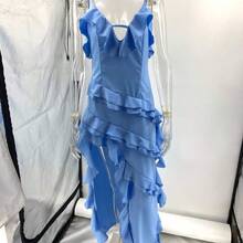 Sexy Spaghetti Strap Irregular Solid Color Dress/Gown.Vacation Style Long/Midi Length Ruffled Beach Dress, Solid Color A-Line Dress, Sexy Spaghetti Strap Irregular Dress For Summer - 天藍色 - 查看 7