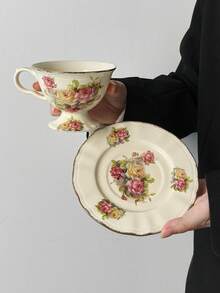 1 Set (1 Cup + 1 Saucer) Nordic Style English Ceramic Rose Coffee Cup & Saucer Set, Hollow Heart Saucer, American Latte Coffee Cup & Saucer, High-End Classical Palace Style Afternoon Tea Cup, Office/Home Tea Cup Set, Breakfast Milk Mug, Valentine's Day/Birthday Gift, Party Supplies, Gift For Boyfriend/Girlfriend - Multicolor - View 8