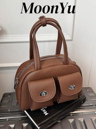 女士手提包贝壳包，时尚简约多口袋斜挎单肩包，适合购物和通勤，PU皮革，咖啡色