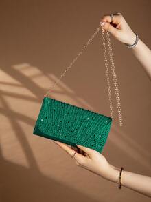 REMANLAND 闪亮水钻装饰链条单肩包，磁扣闭合，优雅时尚的派对手拿包，适合女士生日派对、迷人晚宴等场合 - 墨綠色 - 查看 3