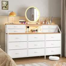 Vanity Tocador,Comodas y Cajoneras,Comodas para Recamara con Estación, Muebles para Recamara con 13 Cajones,Cómoda de Tela,Organizador de Almacenamiento de Cómoda Ancha 140 x 28 x 90cm - Blanco - Ver 9