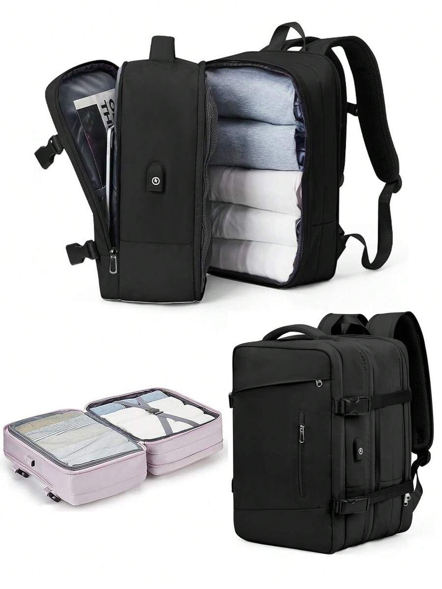 40L Expandable Travel Backpack, Unisex Carry-On Luggage Backpack With USB Charging Port And Anti-Theft Pocket, 17" Waterproof Business Laptop Backpack For Weekend Travel, Commute And School Travel Bag - Black - View 1