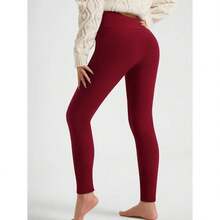 Autumn/Winter Thermal Lined Leggings, Casual High Waist Skinny Pants, Elastic Sherpa Skinny Yoga Pants, Warm & Comfortable - Màu Đỏ Sâu - Xem 3