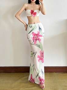 Top Dazzle 女士性感休闲长款美人鱼裙，粉色花卉印花，透明涤纶面料，派对必备 - 白色 - 查看 7