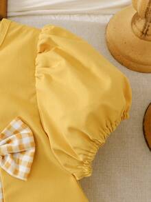 Young Girls Summer New Girls Solid Color 3D Bow Decor Patchwork Plaid Casual Gigot Sleeve Dress - Yellow - View 6