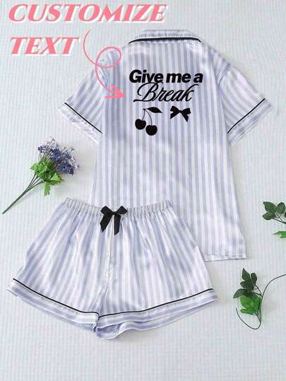 Customized Text Women's Pajama Set | Striped Short Sleeve Shorts 2-Piece Satin Loungewear | Soft & Comfortable, Suitable As Anniversary Or Birthday Gift For Girlfriend And Best Friend