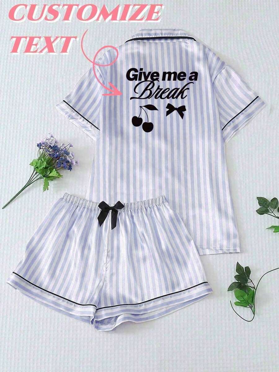 Bộ đồ ngủ nữ in chữ theo yêu cầu | Bộ đồ ngủ 2 mảnh kẻ sọc tay ngắn và quần short bằng vải satin | Mềm mại và thoải mái, thích hợp làm quà tặng kỷ niệm hoặc sinh nhật cho bạn gái và bạn thân. - Màu Lilac Tím - Xem 1