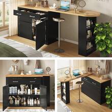 Extendable Bar Table With Storage (137-215*39*102.3 Cm), Modern And Mobile Bar Table, Telescopic Bar Table With One Drawer And Two Shelves, Bistro/Kitchen Island Style High Table, Black - Black - View 1