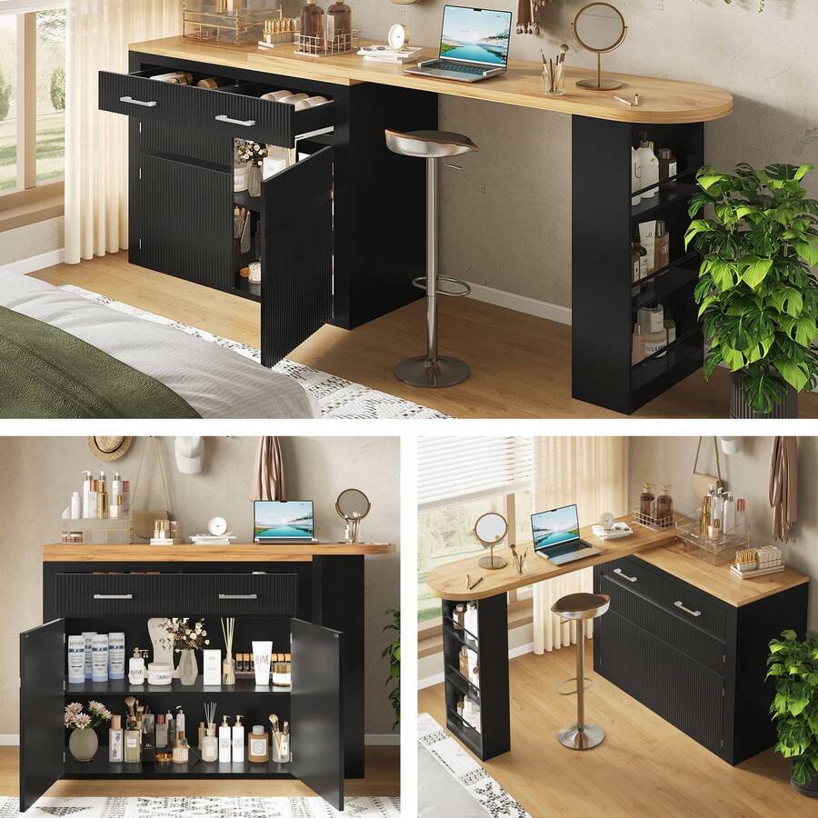 Extendable Bar Table With Storage (137-215*39*102.3 Cm), Modern And Mobile Bar Table, Telescopic Bar Table With One Drawer And Two Shelves, Bistro/Kitchen Island Style High Table, Black - Black - View 1
