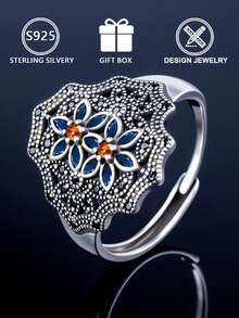 1pc S925 Sterling Silver Women's Fashion Ring, Creative Vintage Floral Pattern Cubic Zirconia Inlaid, Low Allergy, Gift For Family, Friends, Valentine's Day, Birthday, Holiday - Antique Silver - View 3