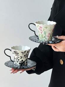 1pc Floral Design Coffee Cup & Saucer Set, High-Quality Ceramic Mug, Breakfast/Milk Cup, Birthday/Housewarming Gift For Her - Multicolor - View 5