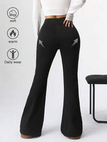 Plus Size Women's Solid Color High Waist Elastic Tight Fit Flared Yoga Pants, Soft & Comfortable, Fashionable & Versatile Casual Trousers, Autumn/Winter - Black - View 5