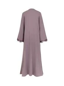 Abayas para mujer, conjunto de abaya abierta con ribete de encaje y pañuelo de gasa - ligero, modesto y transpirable para primavera/verano, vestidos de fiesta elegantes de color púrpura para mujer - Morado - Ver 6