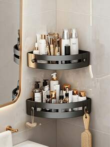 1pcNo Drilling Adhesive Heavy Duty Waterproof Plastic Corner Shelf - Heavy Duty Wall Mounted Bathroom/Kitchen Storage Shelf, With Shelves Space Saving Curved Corner Cabinet Storage Rack - Multicolor - View 7