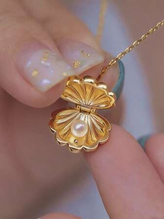 MECYLIFE 1入復古金色海貝殼坊鎖項鍊,搭配假珍珠,適用於女性日常穿搭