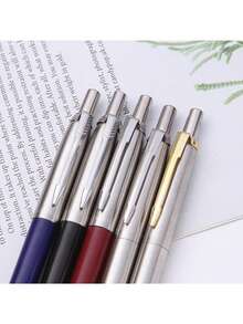 1pc Metal Push-Button Ballpoint Pen, Ultra-Thin Stainless Steel Retractable Ballpoint Pen, Ideal Gift For Business, Office, Teachers, Office Supplies Ballpoint Pen, Semi-Steel Metal Push-Button Ballpoint Pen, All-Steel Metal Ballpoint Pen Gift Pen - Black - View 3
