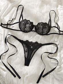 Shipping From The USA Sky Blue Embroidered Strap Women's Underwear Set - màu đen - Xem 4