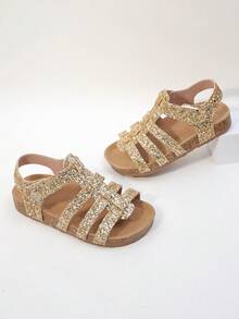 1 Paar Kinder Gold Glitzer Multi-Riemen Cut Out Kunstleder Komfortable Offene Zehe Schnallen Dicke Sohle Mode Sandalen, Geeignet für Geburtstagsparty - Gold - Übersicht 7