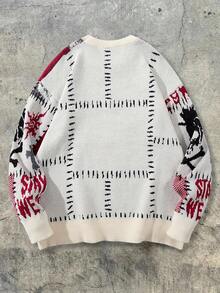 ANDREILEE 男士休闲宽松骷髅头、十字架、骰子哥特街头风圆领套头针织长袖毛衣，秋冬款 - 杏色 - 查看 3