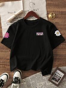 1 Áo thun tay ngắn cổ tròn in họa tiết thường ngày cho bé gái, Trang phục mùa hè cho trẻ nhỏ - Áo thun phong cách chữ cái tiếng Anh tối giản cho trẻ sơ sinh, khơi gợi trí tưởng tượng và thể hiện bản thân - màu đen - Xem 5