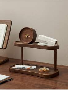 Raft de depozitare pentru blat cu 2 niveluri, culoare nuc, organizator elegant pentru machiaj, parfum și îngrijire a pielii, potrivit pentru baie, bucătărie și birou, cu compartimente de depozitare separate închise - Maro - Vizualizare 7