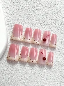 10pcs Simple & Cute Manicure Set, Polka Dot Nail Art Decorations, Nude Pink Base Color Press-On Nail Stickers, Adorable Cherry Nail Jewelry, Soft Yellow Gel Nail Stickers, 3 Sizes: Almond, Duck Mouth, Coffin Shapes, Includes Tool Kit (1 Jelly Sticker + 1 Nail File), Suitable For Women & Girls, Suitable For Outings, Photos, Dates, Parties, Daily Wear Nails Nail Supplies Handmade Press On Nails - 彩色 - 查看 16