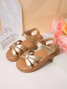 1 Pair Toddler Metallic Bow Wide Strap Breathable Material Lightweight Open-Toe Adjustable-Strap Flat Casual Sandals Summer Outing - Brown - View 4