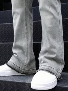 BAZR Men's Flared Jeans, Slim Fit Distressed Flare Leg Jeans, Y2K Stacked Jeans, Contrast Wash Embroidered Jeans, Suitable For All Seasons - Grey - View 4