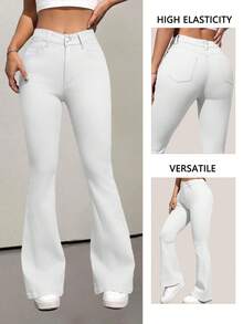 Women White High Waisted Flare Jeans Stretch Slim Fit Butt Lifting Denim Pants Fashion Casual Comfortable Everyday Wear - trắng - Xem 11