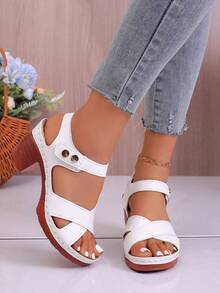 Sandalias de verano de punta abierta, plataforma de madera vintage, tacón grueso y macizo, diseño con hebilla de correa - Blanco - Ver 6