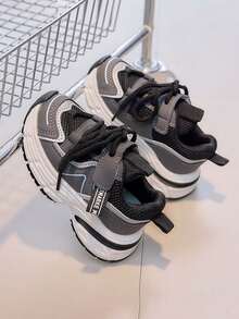 1双男女通用透气网面平底运动鞋，软底防滑休闲童鞋，时尚百搭儿童厚底鞋，适合春秋季穿着 - 黑色 - 查看 4