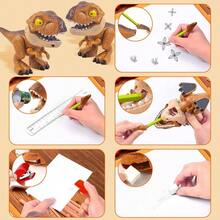 Juego de papelera 5 en 1 Dinosaurio - Regla, lpiz, sacapuntas, grapadora, goma de borrar. Diseo compacto para nios y nias - Recompensas para el aula Regalos de cumpleaos y detalles para fiestas. - inicial - Ver 3