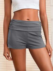 Women Mini Shorts Solid Color Ruched Low Rise Tight Shorts Casual Booty Shorts Summer Streetwear - Dark Grey - View 1