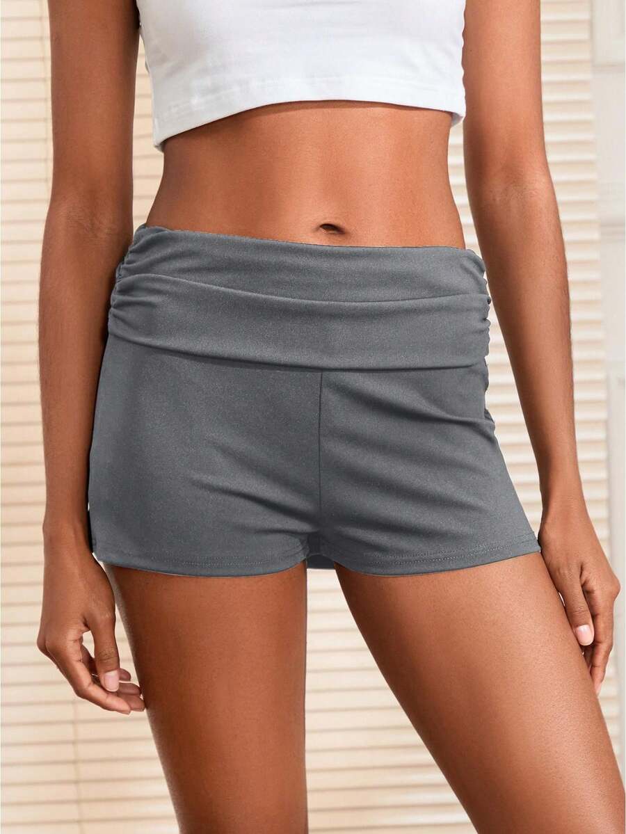 Women Mini Shorts Solid Color Ruched Low Rise Tight Shorts Casual Booty Shorts Summer Streetwear - Dark Grey - View 1