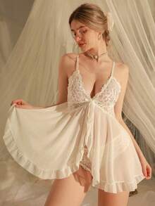Valentine's Day - A Solid Color Lace-Trimmed, Ruffled, Wire-Free Bra And Camisole Nightgown And Panty Set With A Bow Decoration. Women's Sleepwear, Sexy V-Neck Lace Camisole Multi-Color Lingerie Set, Women's Nightgown, Women's Pajamas, Women's Two-Piece Sets. Suitable For Weddings, Gifts, Boudoirs, Honeymoons, Vacations, Bikinis, Swimwear, Swimming Pools, Beaches, Parks, Nightclubs, Clubs, Private Parties, Private Cinemas, Home, Everyday Wear, Stage Performances, Proposal Surprises, Wedding Gifts, Valentine's Day Gifts, All Seasons, Alluring, Bars, Casual Lounges, And As A Wedding Favor. - trắng - Xem 4