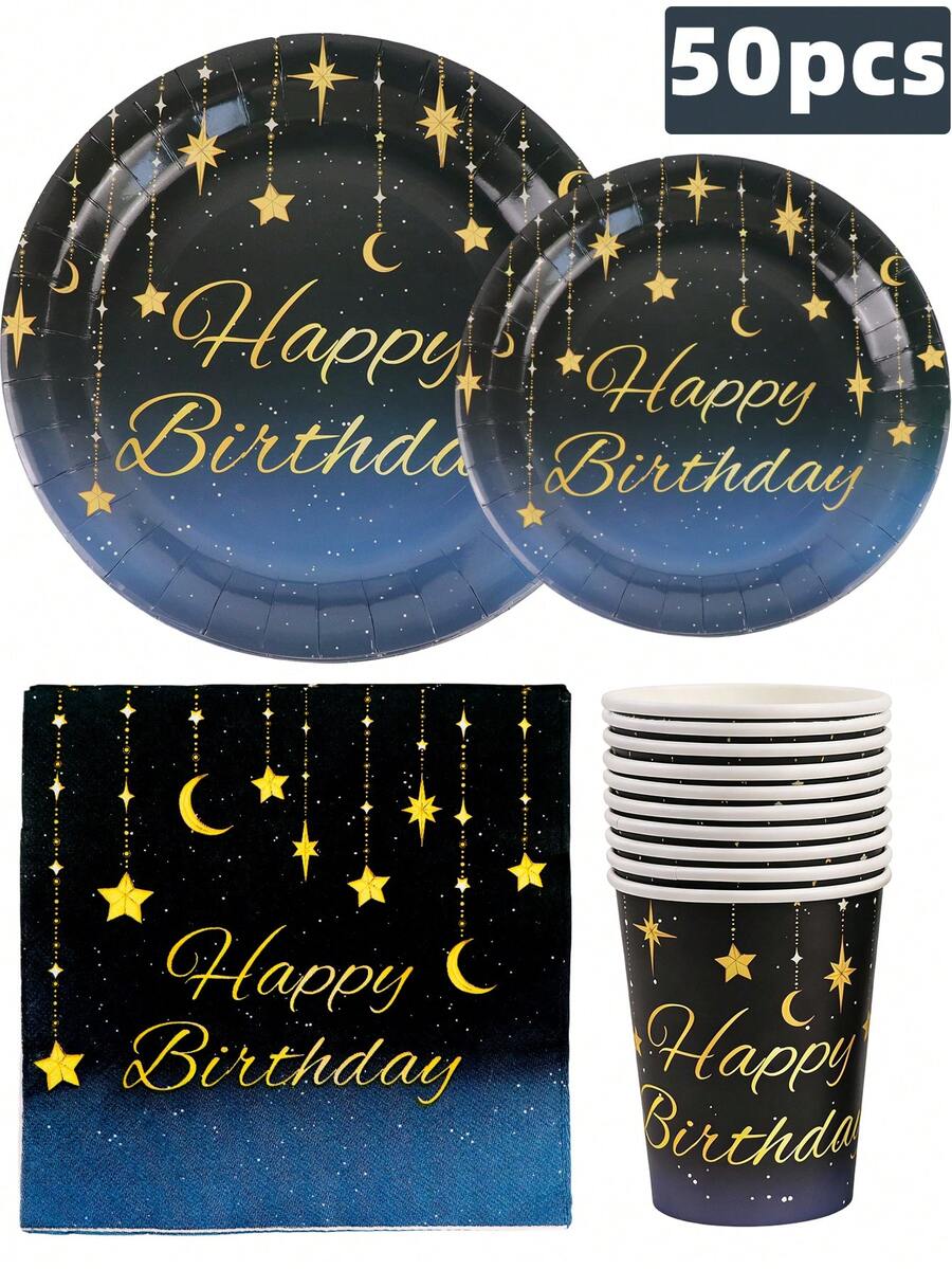 10件/10人份一次性餐具 - 星空月亮主题纸盘 + 生日快乐主题套装（纸盘+餐巾纸+纸杯），适用于派对、婚礼、订婚、生日、家庭野餐 - 彩色 - 查看 1