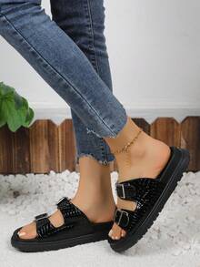 Sandalias de suela gruesa retro de punta cerrada para mujer, cómodas para combinar con vestidos, con cierre de hebilla, pantuflas planas unisex para uso en interiores y exteriores - Negro - Ver 4