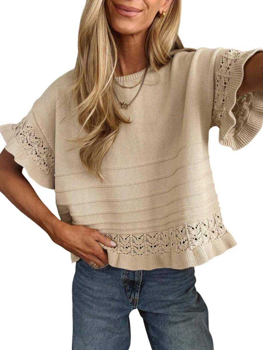 Womens Ruffled Sleeve Sweater Round Neck Knit Crochet Pullover Summer Fall Casual Top Blouse - 卡其色 - 查看 1
