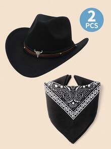 2 Pcs Kids Western Cowboy Costume Set – Classic Rolled Brim Felt Cowboy Hat & Paisley Bandana For Boys Girls (Ages 3-12) - (Cow Head) + Black Square Scarf - View 5