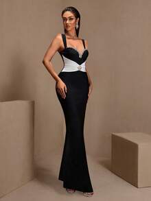 Đầm maxi dệt kim thanh lịch dành cho nữ, điểm xuyết đính đá và tay ngắn, thích hợp cho các sự kiện trang trọng, đám cưới, mùa xuân. - Đen và trắng - Xem 3