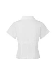 Women Lace Trim Summer Blouse Slim Fit Collared Short Sleeve Button-Up Crop Casual Tops - White - View 2