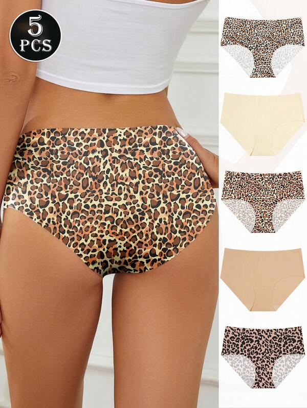 5 piezas Bragas de bikini con estampado de leopardo para mujer, pantis de unicolor suaves y amigables con la piel, ropa interior cómoda y elástica, ropa interior sin costuras para uso diario