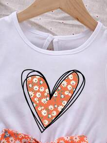 Heart Print Tank Top And Bow Waist Shorts Set For Young Girls - Orange - View 3