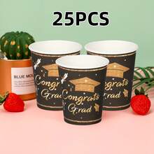 1 Pack Graduation Theme Graduation Cap Design 9OZ Paper Cups, Graduation Season Theme Party Disposable Paper Cups - Dark Grey - View 6