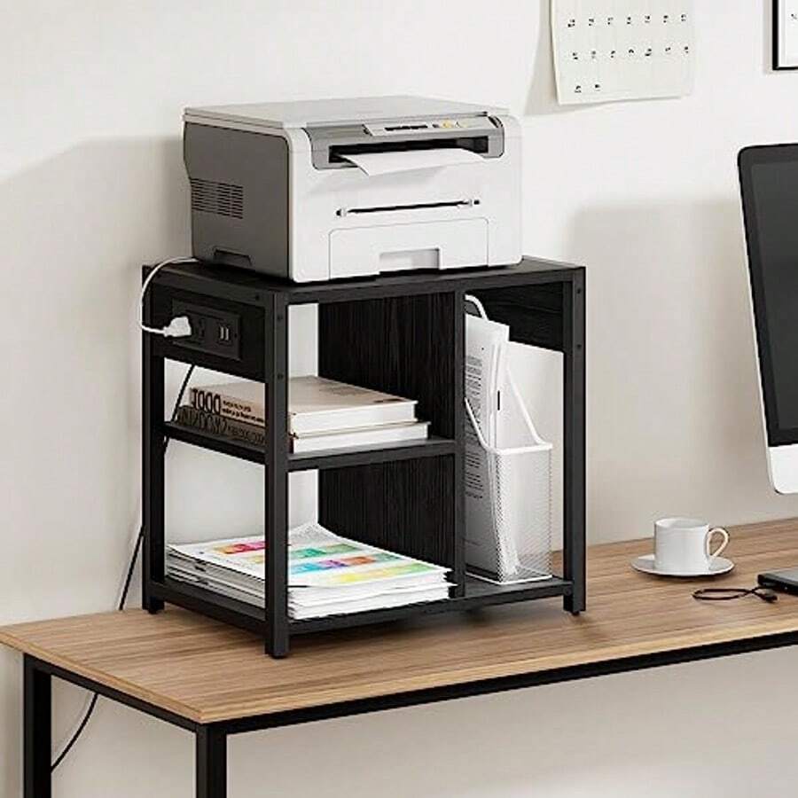 Soporte móvil para impresora con tomas de corriente y puertos USB, carrito de 4 niveles con ruedas bloqueables y estante de almacenamiento, mesa de escritorio para impresora 3D en casa o en la oficina, color negro rústico. - Tipo de Enchufe B USA (110-127V) - Ver 1