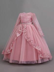 蕾丝长袖刺绣网纱优雅日间派对连衣裙，适合年轻女孩，不含头饰 - 藕粉色 - 查看 4